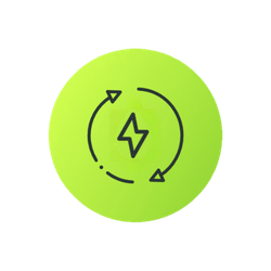Green circular icon with a lightning bolt at the center, surrounded by arrows indicating rotation or recycling.