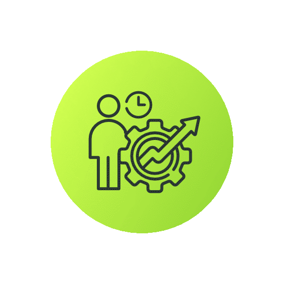 An icon of a person with a clock, a gear, and an upward trending arrow inside a green circle.