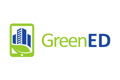 Logo with a blue building inside a green smartphone icon, and the text 'Green ED' in green and blue letters.
