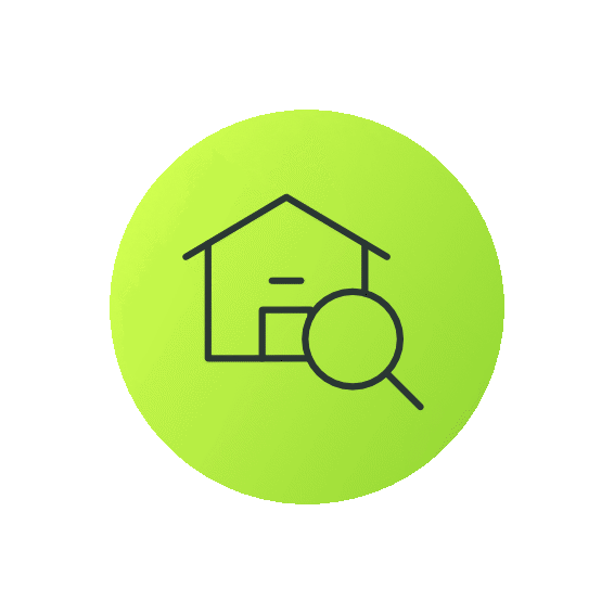 Icon of a house with a magnifying glass over it, set against a green circular background.