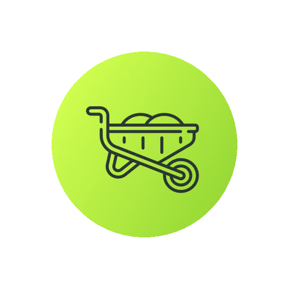 Icon of a wheelbarrow with two large rounded objects inside, set against a green circular background with a blue outer background.