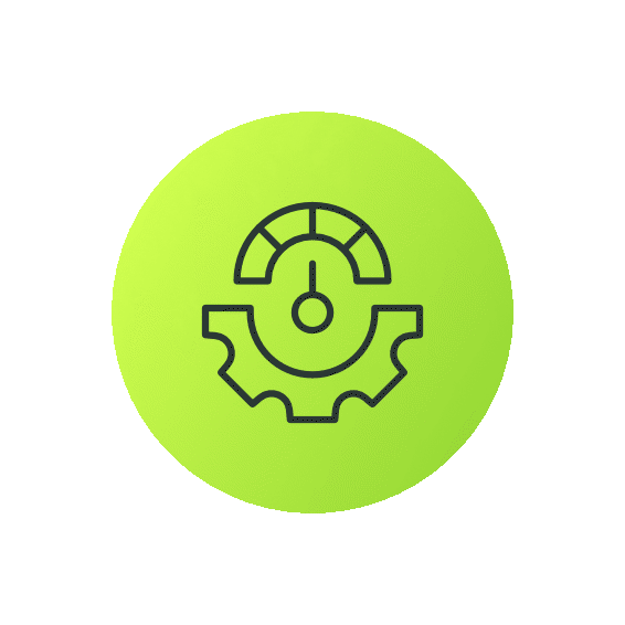 Green circular icon with a speedometer and gear design, representing performance or efficiency.