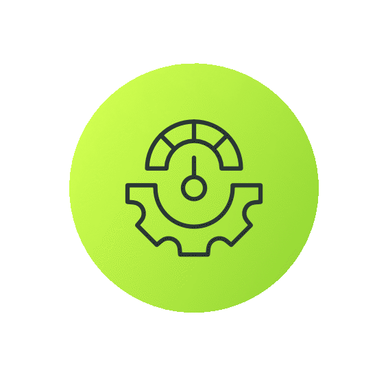 Icon of a gauge and gear indicating system performance or settings on a bright green circular background.