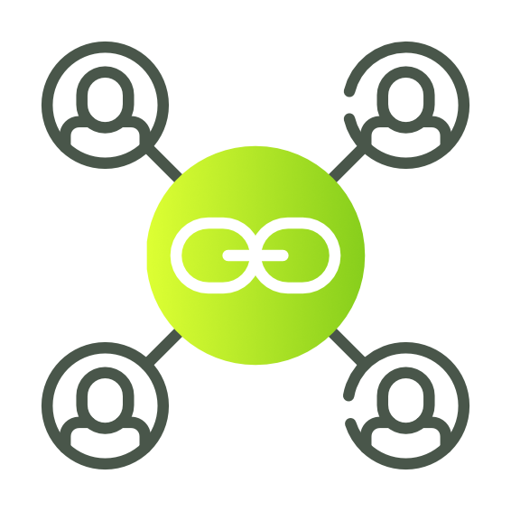 Graphic of a green circle with a chain link icon inside, connected to four user icons around it.