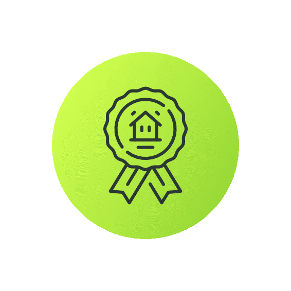 Award ribbon with house icon in the center on a green circular background.