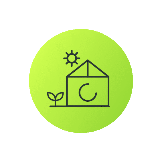 Line drawing of a growing plant, a sun, and a house with a circular arrow, inside a green circle on a blue background.