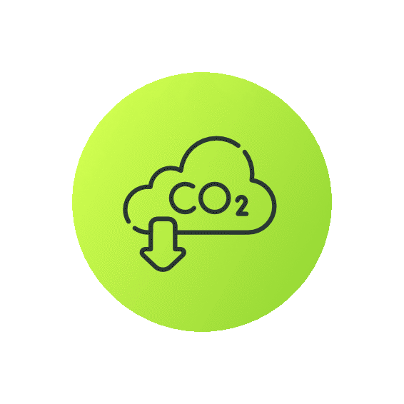 Green circle with a cloud icon labeled 'CO2' and a downward arrow, representing carbon dioxide emission reduction.