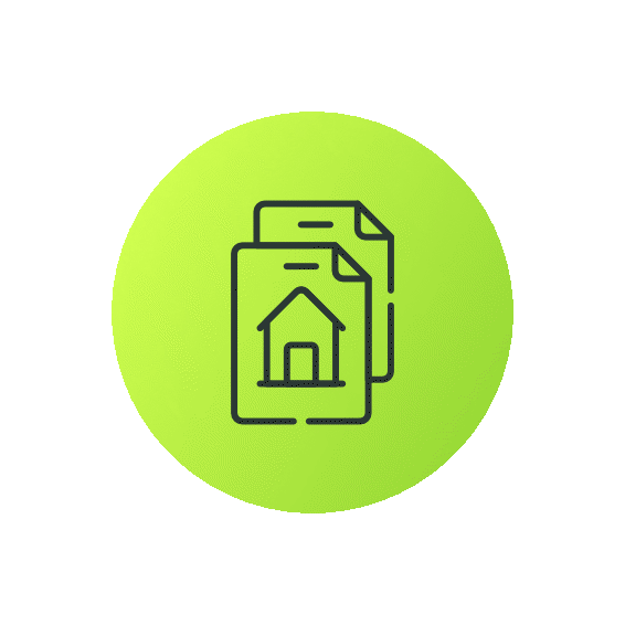 Icon of multiple documents with a house on the front page, inside a green circle.