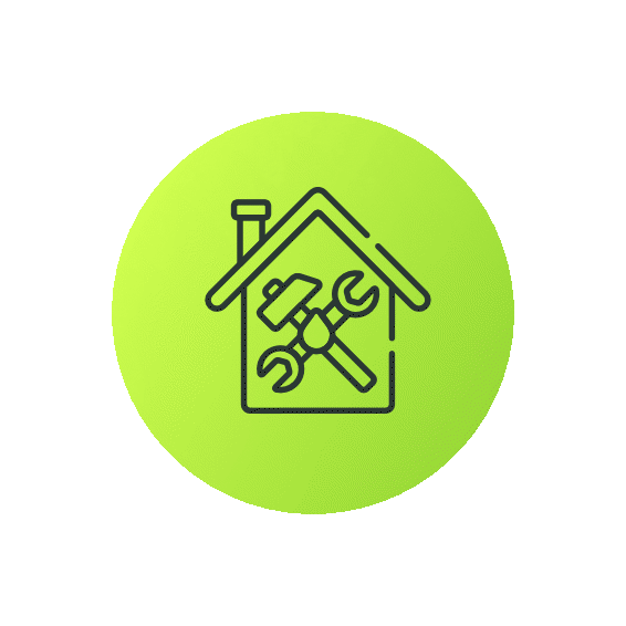 Green circular icon with a house outline containing a hammer, wrench, and paintbrush inside.
