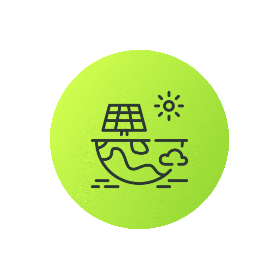 Illustration of a solar panel above a globe with sun and cloud symbols in a green circle, representing renewable energy or sustainability.
