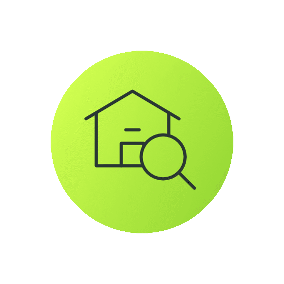 Icon of a house with a magnifying glass, symbolizing home search or investigation.