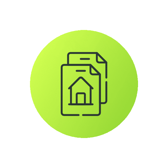 Icon of two documents with a house symbol on the front page, representing real estate or property documents.