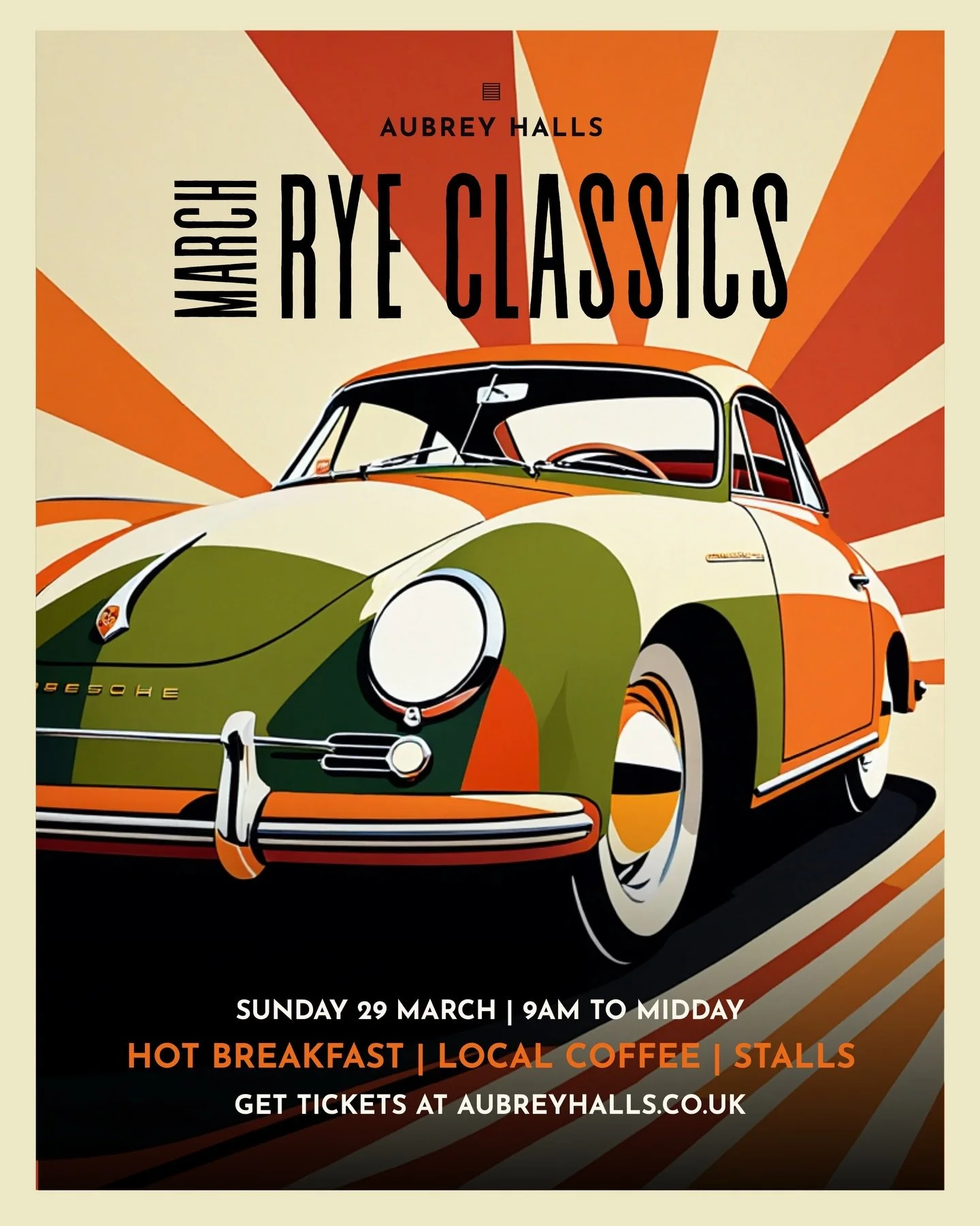 We&rsquo;re excited to invite you to our next edition of Rye Classics.

Join us on Sunday 29 March from 9am, for our popular monthly classic car and motorcycle meet at The Aubrey Halls, open to all vehicles pre-1980.

Each month brings new surprises,