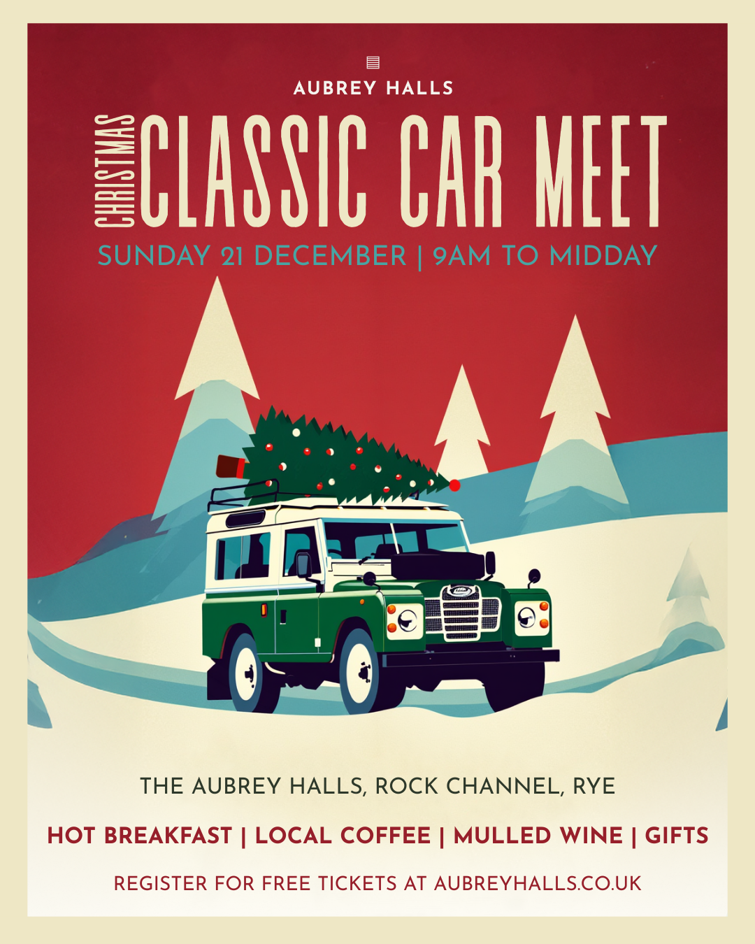 Christmas-themed poster advertising a classic car meet at Aubrey Halls on December 21, from 9 am to midday, featuring a graphic of a vintage car with a Christmas tree on top, surrounded by snow and stylized trees.