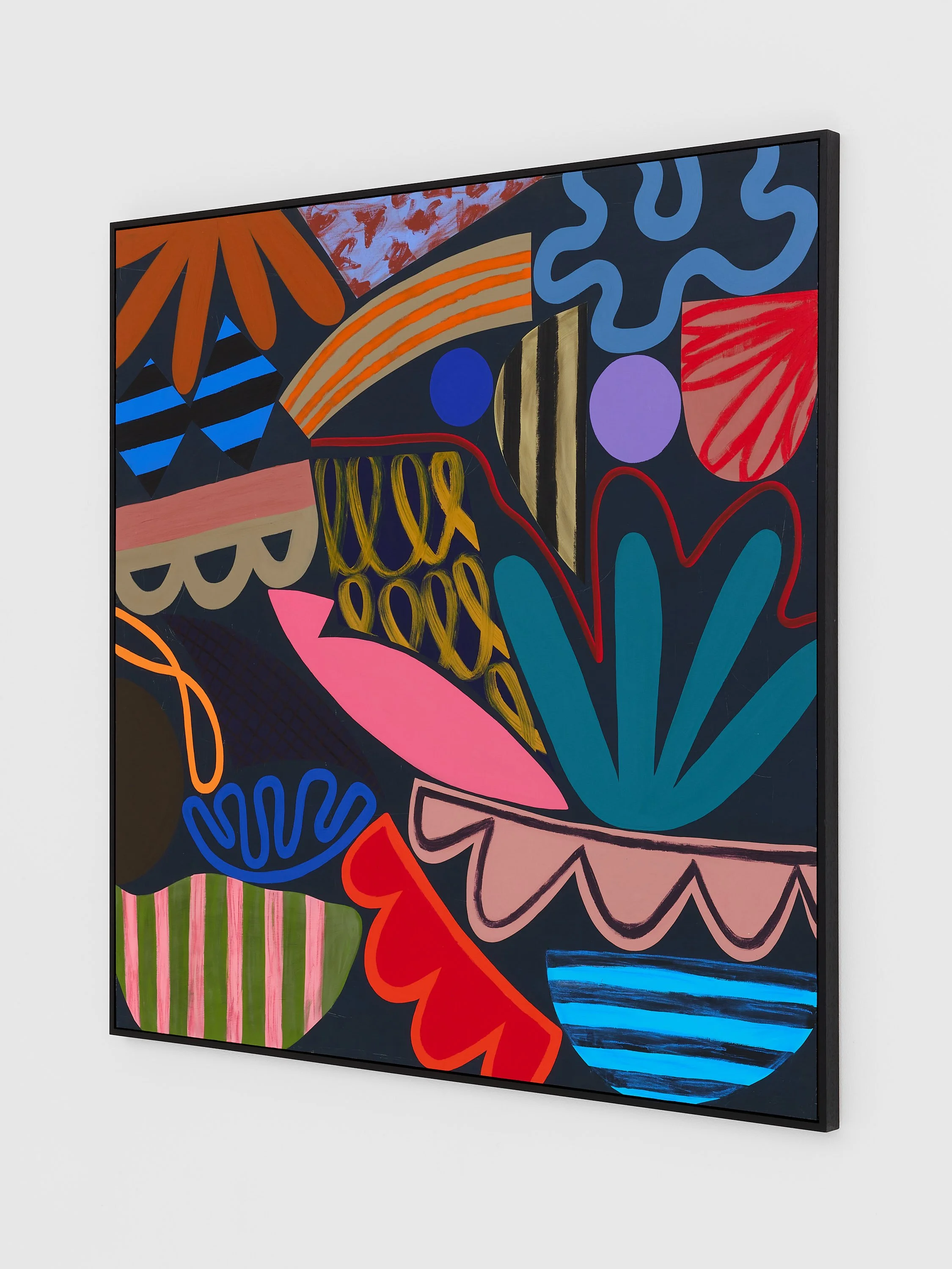 Colorful abstract painting in a black frame with various shapes and patterns including stripes, circles, and zigzags in colors like pink, red, blue, yellow, and black.