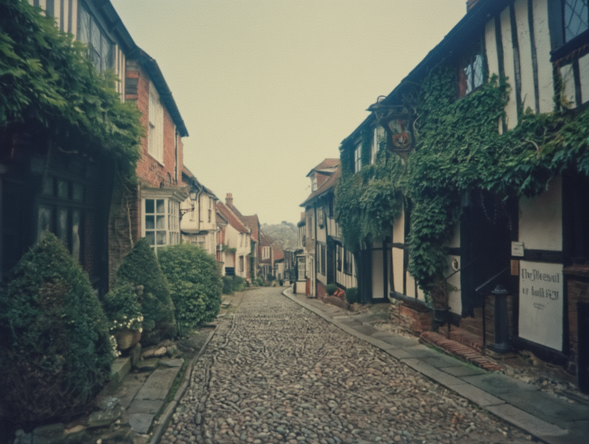 A narrow cobblestone street lined with old-style shops and houses, some with ivy-covered walls and lush green plants outside, under an overcast sky.