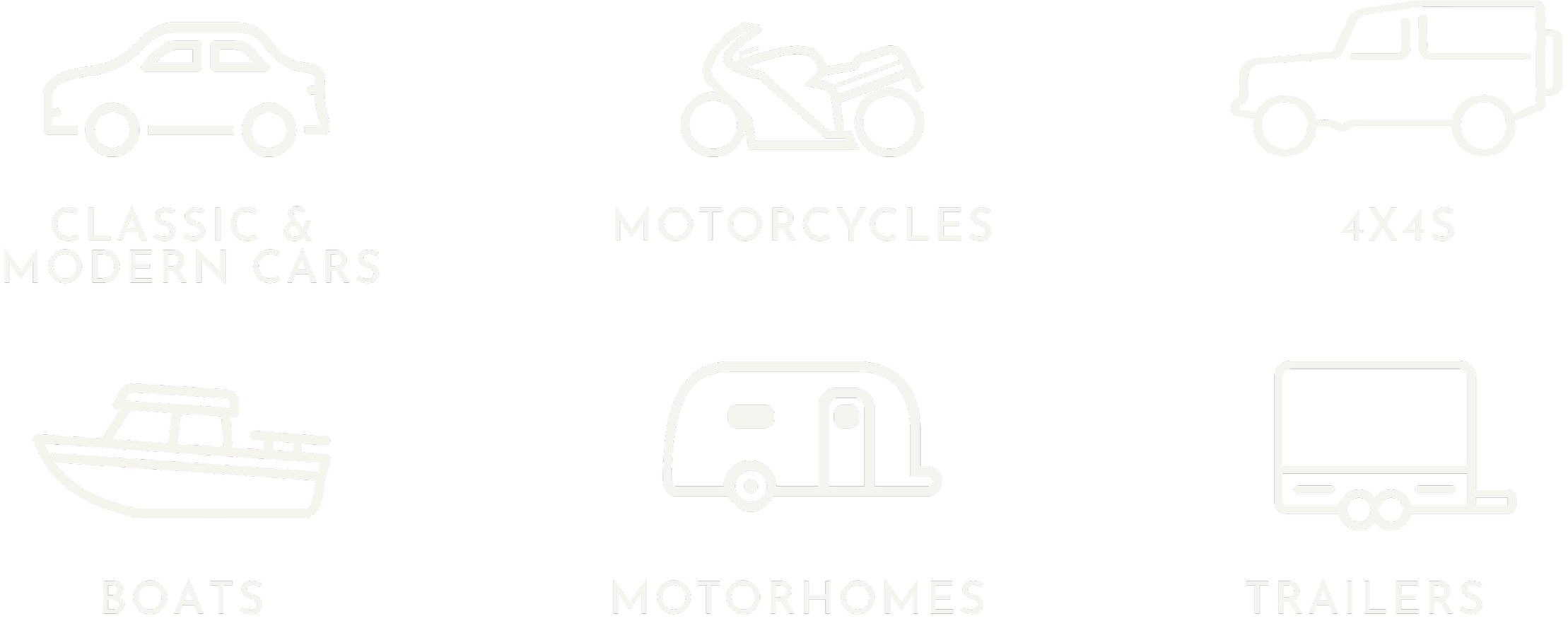 Icons representing vehicles and related categories: a classic and modern car, a motorcycle, a 4x4 vehicle, a boat, a motorhome, and a trailer.