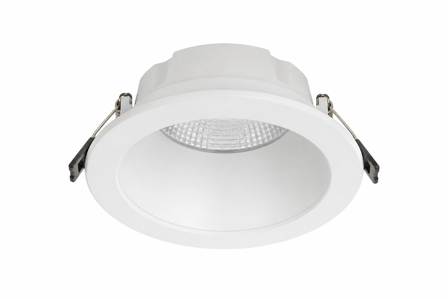 White recessed ceiling light fixture with reflector and mounting brackets
