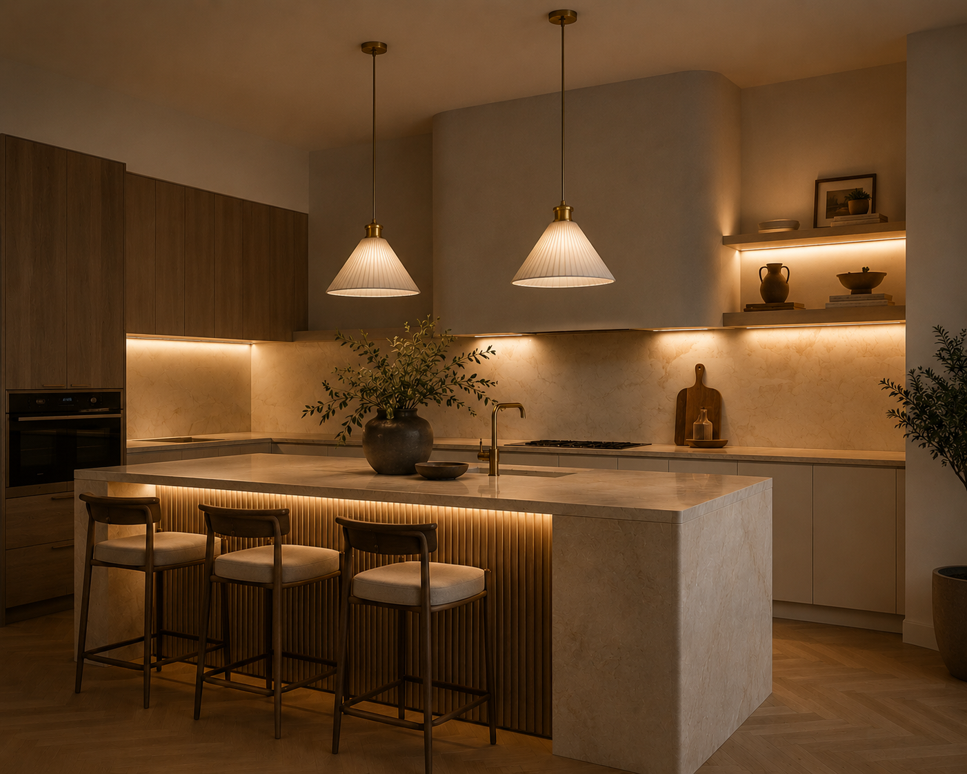 Modern kitchen with wooden cabinets, marble countertops, pendant lighting, and three barstools at a marble island with a large plant in a dark vase.