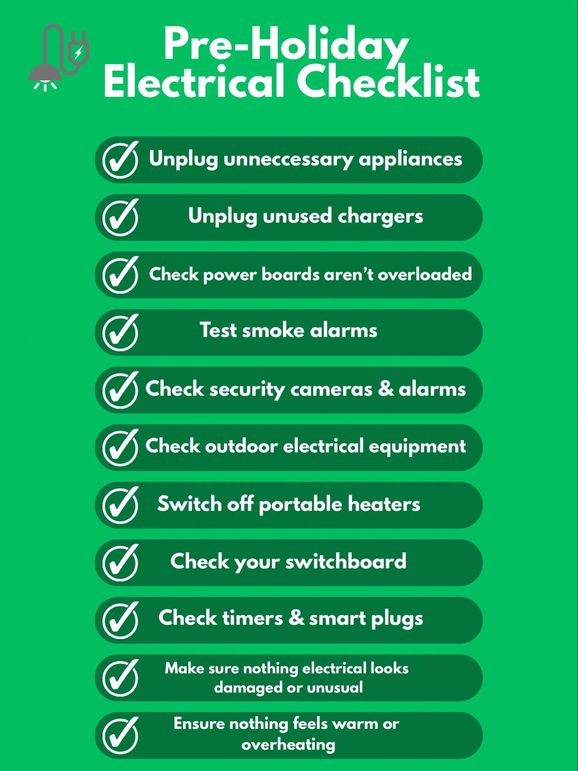 Before You Go on Holiday... An Electrical Checklist
Heading away? ⚡️

Before you lock the door, take a few minutes to check your home&rsquo;s electrical setup. From smoke alarms and power boards to security systems and outdoor equipment, here&rsquo;s