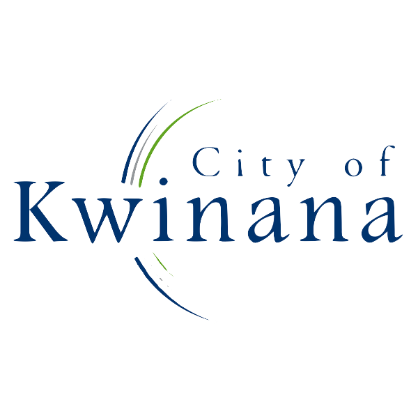 Logo for the City of Kwinana with text and colorful curved lines.