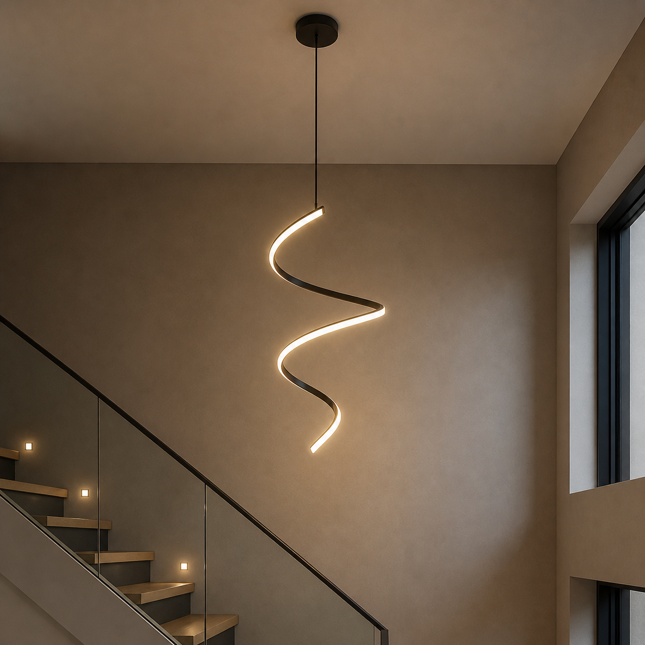Modern spiral pendant light hanging from the ceiling in a minimalist interior, next to a staircase with small built-in wall lights.