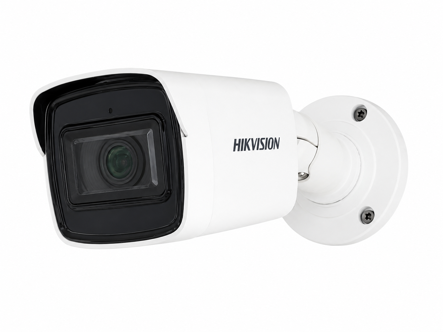 White Hikvision security camera with black lens area, mounted on a white wall