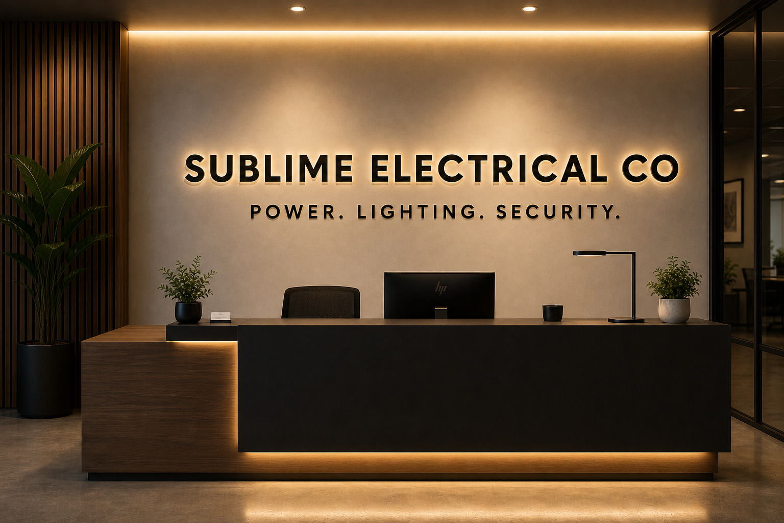 Modern office reception area with a black and wood desk, a computer, potted plants, and a illuminated sign on the wall that reads 'Sublime Electrical Co' with the tagline 'Power. Lighting. Security.' in black letters.