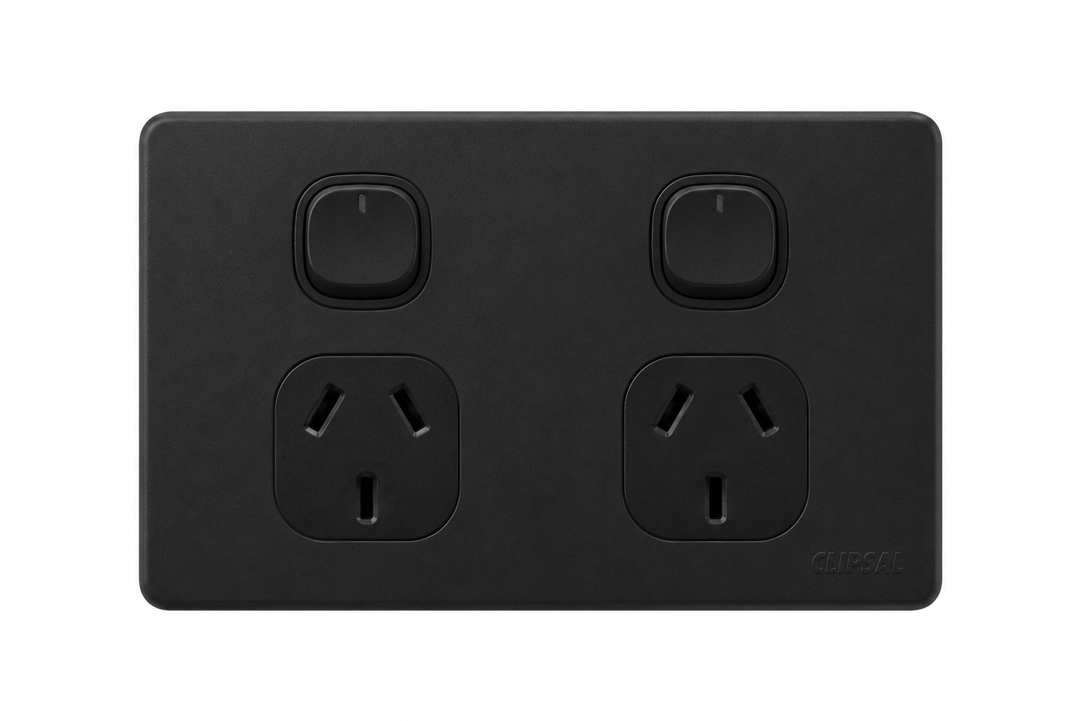 Black electrical power outlet with two sockets and two switches on a white background.