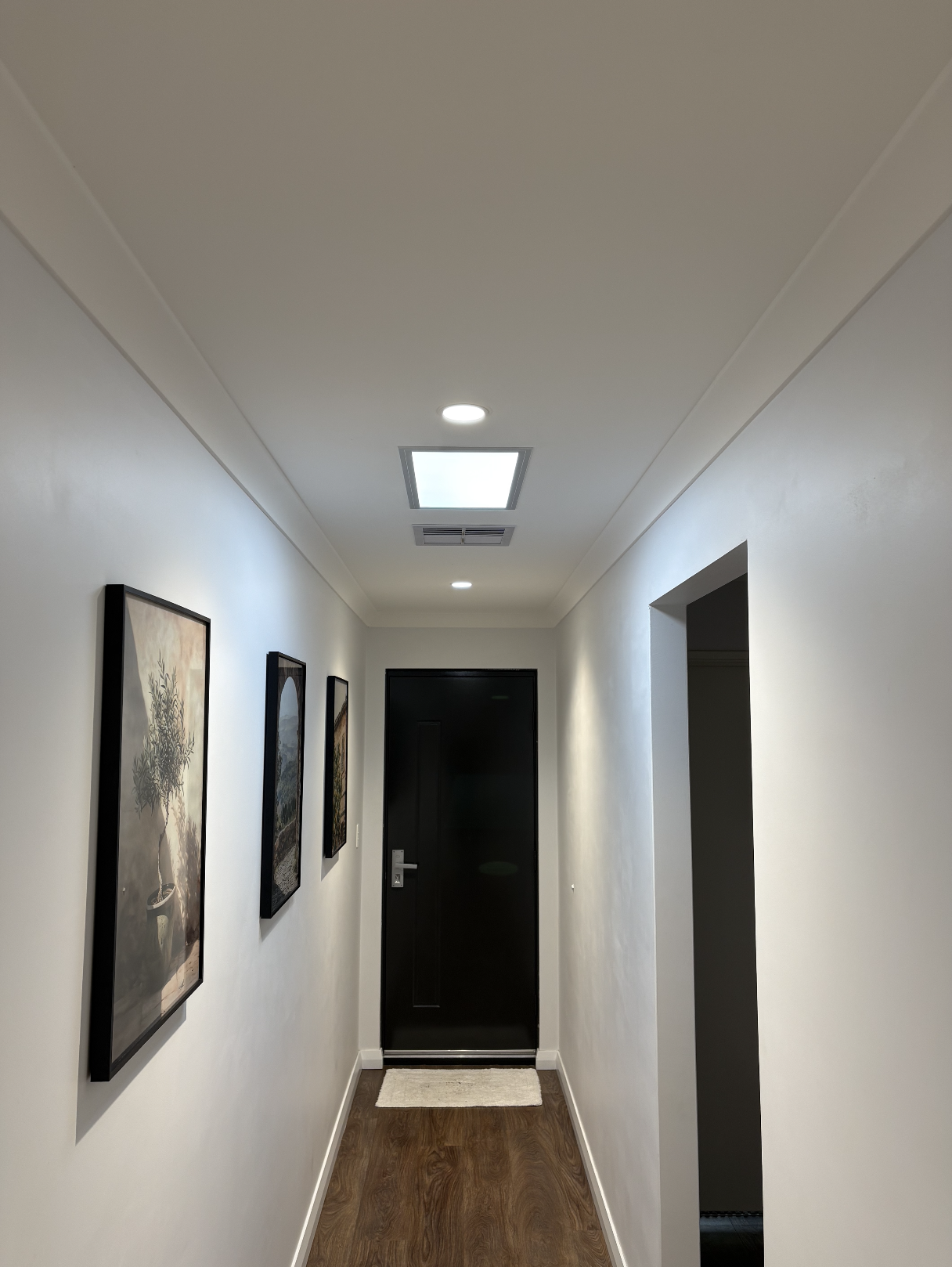 A hallway with white walls, wood flooring, three framed pictures on the left wall, a dark front door at the end, ceiling lights, a ceiling ventilation grille, and a small beige rug in front of the door.