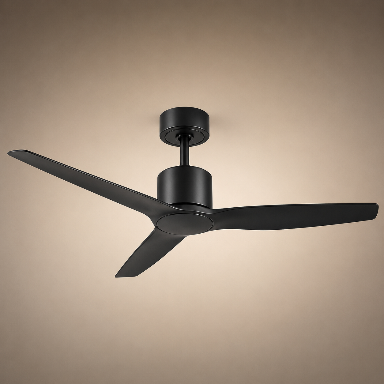 Black modern ceiling fan with three blades mounted on a beige ceiling.