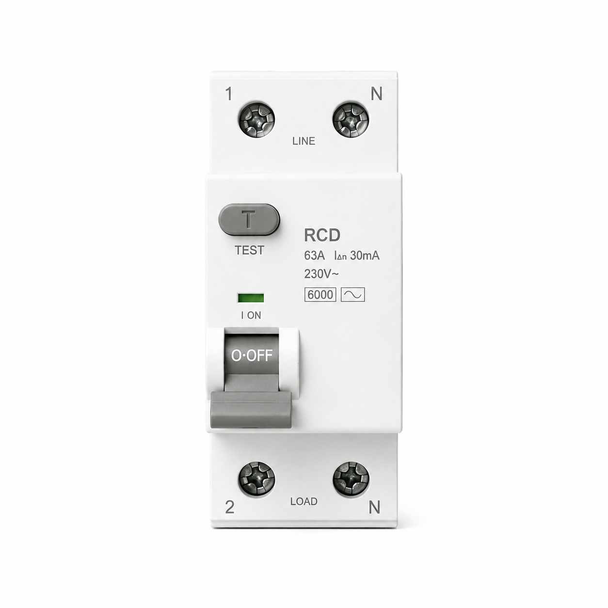 Electrical RCD safety device with test button and ON/OFF switch.