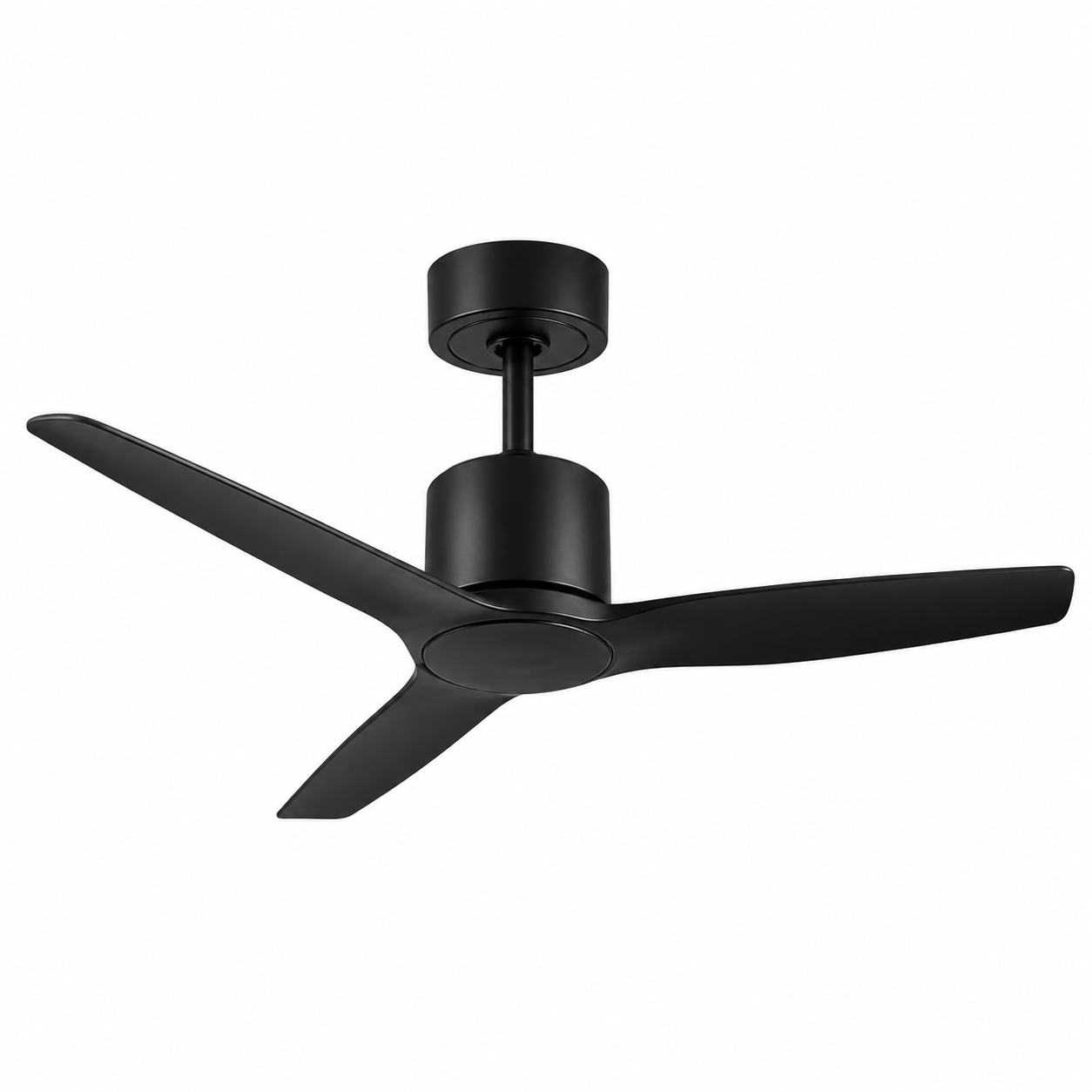 Black ceiling fan with three blades mounted on a white ceiling.