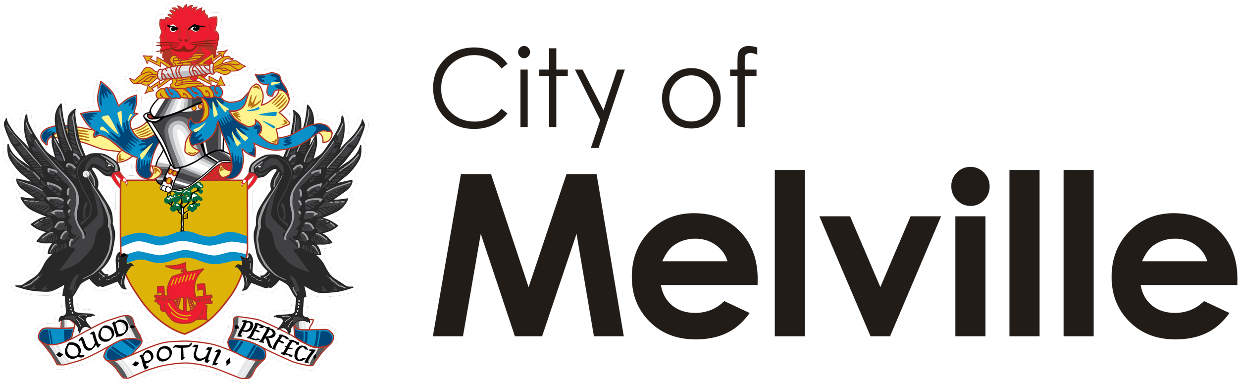Official logo of the City of Melville featuring a coat of arms with a red lion, blue and gold elements, black eagle wings, and a ship emblem, accompanied by the city name and motto 'Quod Potui Perficio'.