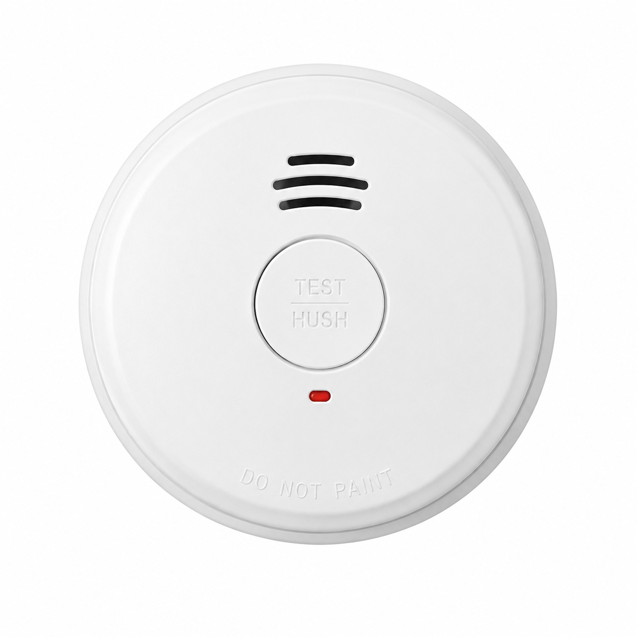 White smoke detector with a test/hush button and a red indicator light.