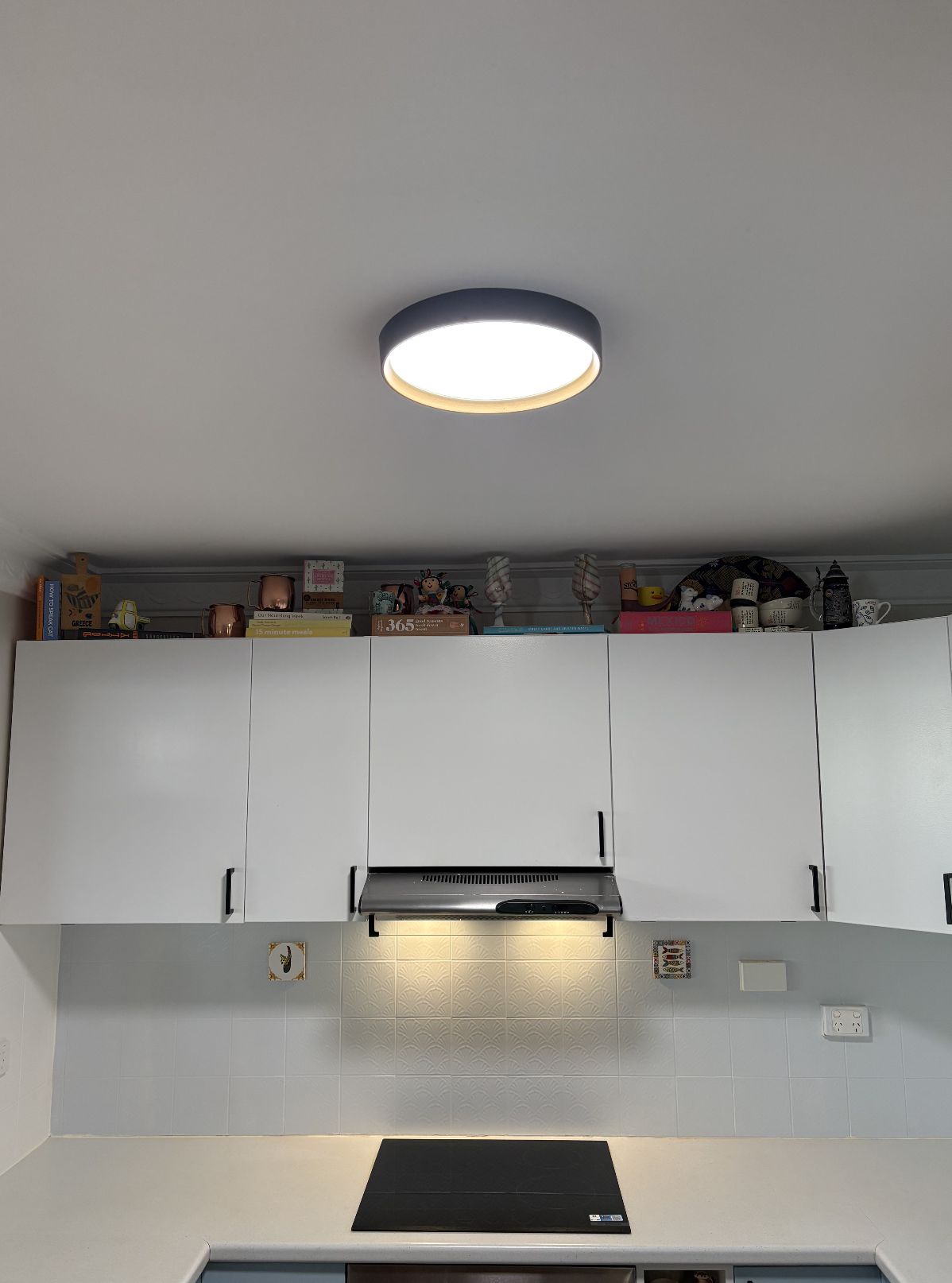 Kitchen with white cabinets, a black induction cooktop, a range hood, and decorative mugs and boxes on top of the cabinets. Ceiling light fixture is turned on.