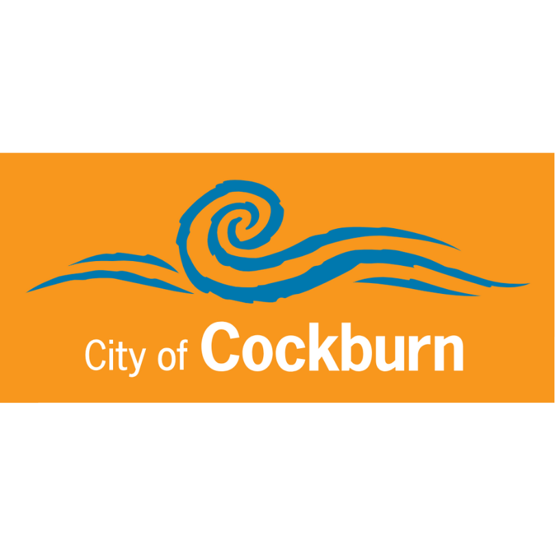 Logo of the City of Cockburn featuring a stylized wave or spiral design in blue on an orange background.
