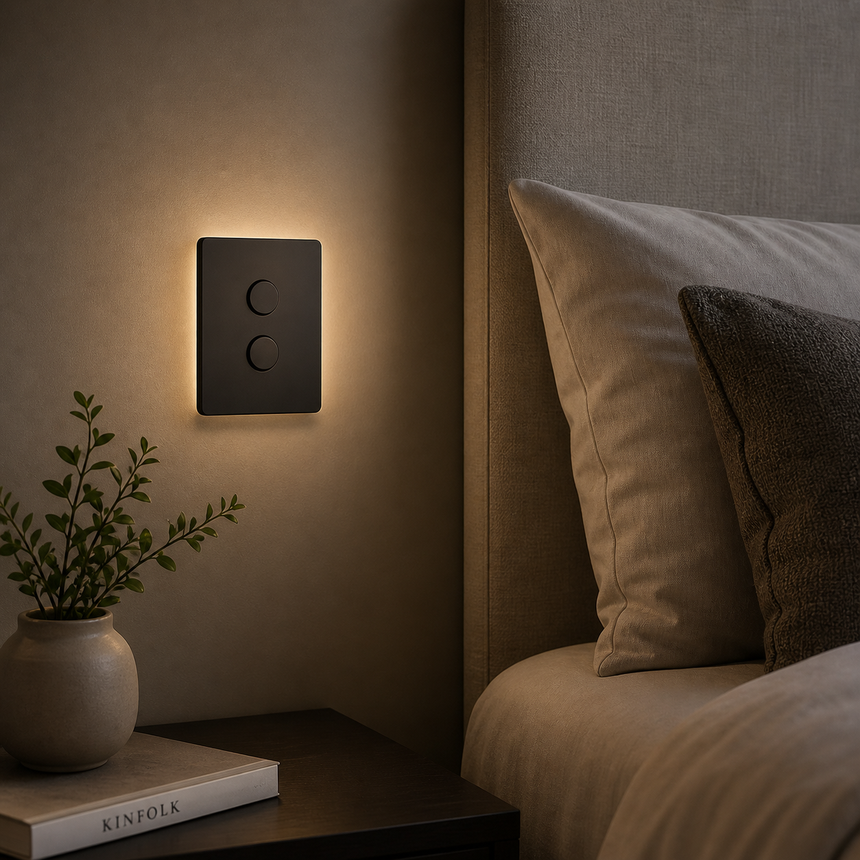 A modern bedroom with a beige upholstered headboard, beige pillows, and a light-colored bedside table with a plant and a book. There is a black wall-mounted light switch with backlighting beside the bed.