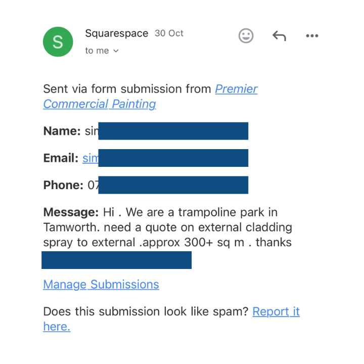 A new lead for a cladding painting job generated through a client's website by Leads4Painters.