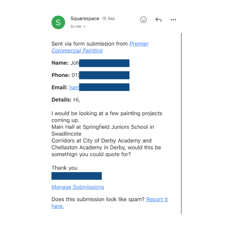 A high-value commercial painting lead for schools, captured via a website built by Leads4Painters.