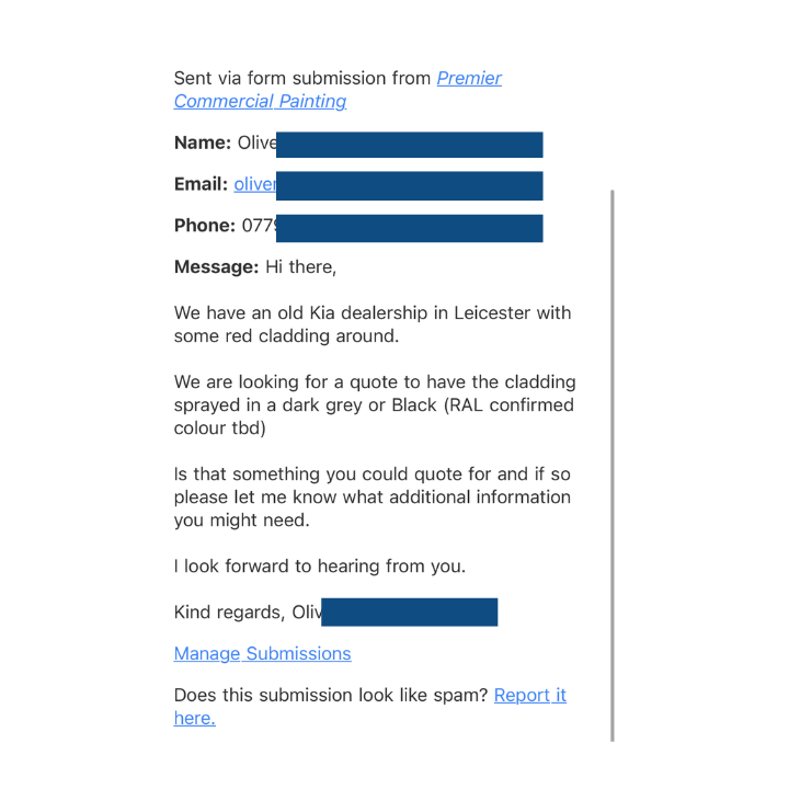 Website lead for a kia dealership repaint generated by Leads4Painters' marketing system.
