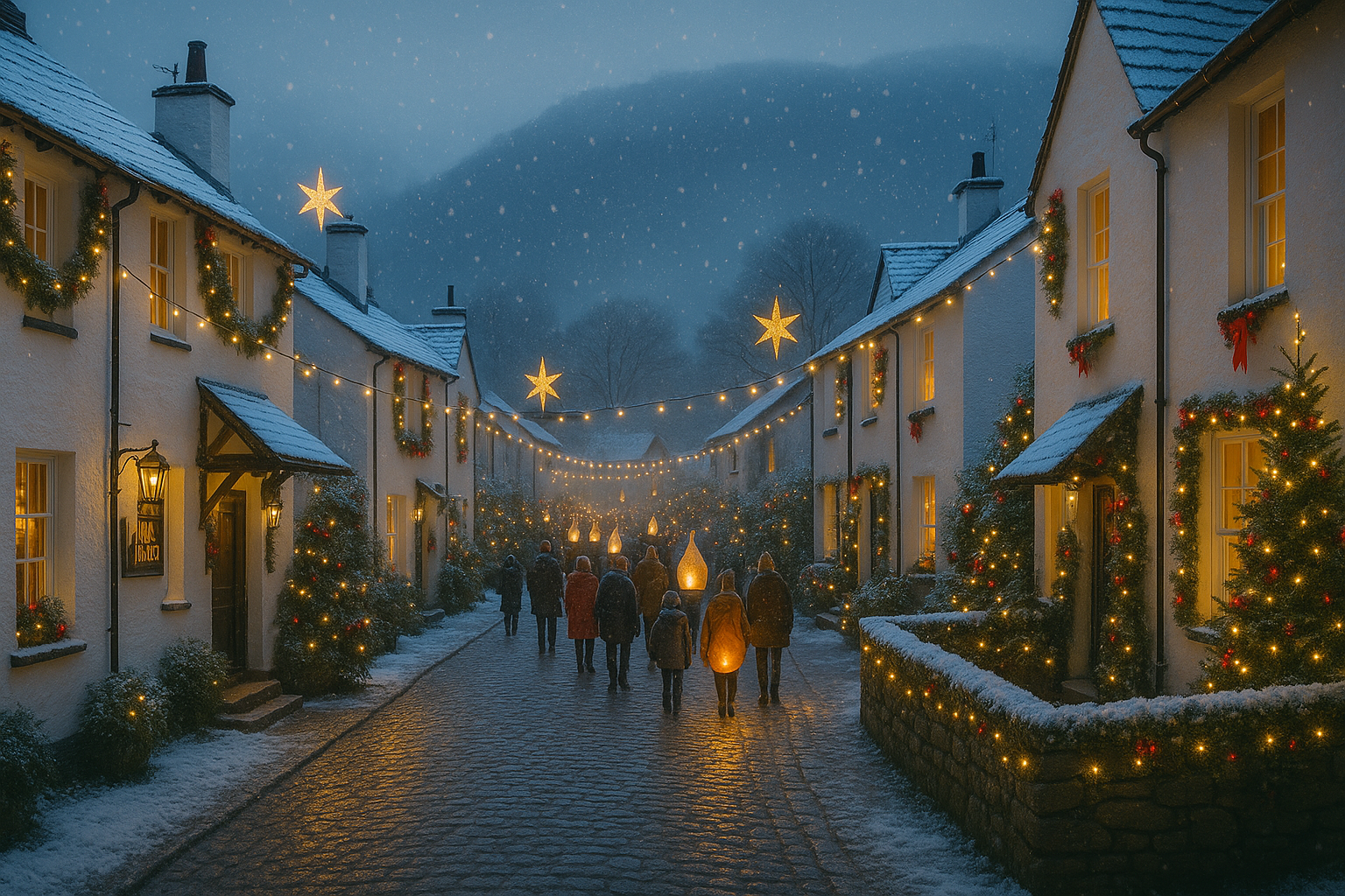 Hawkshead village in the Lake District on a snowy Christmas evening, showing cobbled streets, glowing lanterns, festive decorations, and snow-dusted cottages under soft fairy lights, with misty hills in the background.