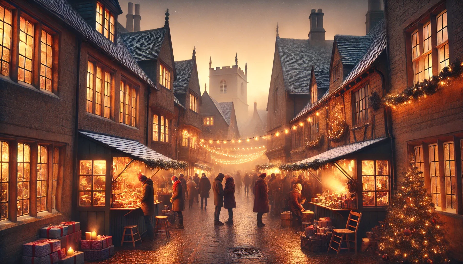 Hidden Christmas market in a historic UK town at dusk, with fairy lights, wooden stalls, and budget-friendly festive atmosphere for winter travellers.