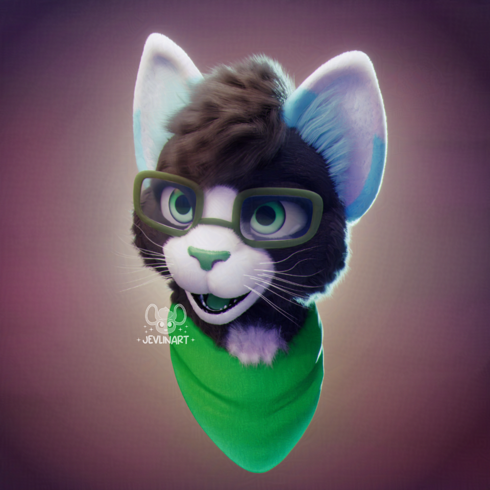 A digital illustration of an anthropomorphic cat with black and white fur, wearing green glasses and a green bandana, set against a gradient background.