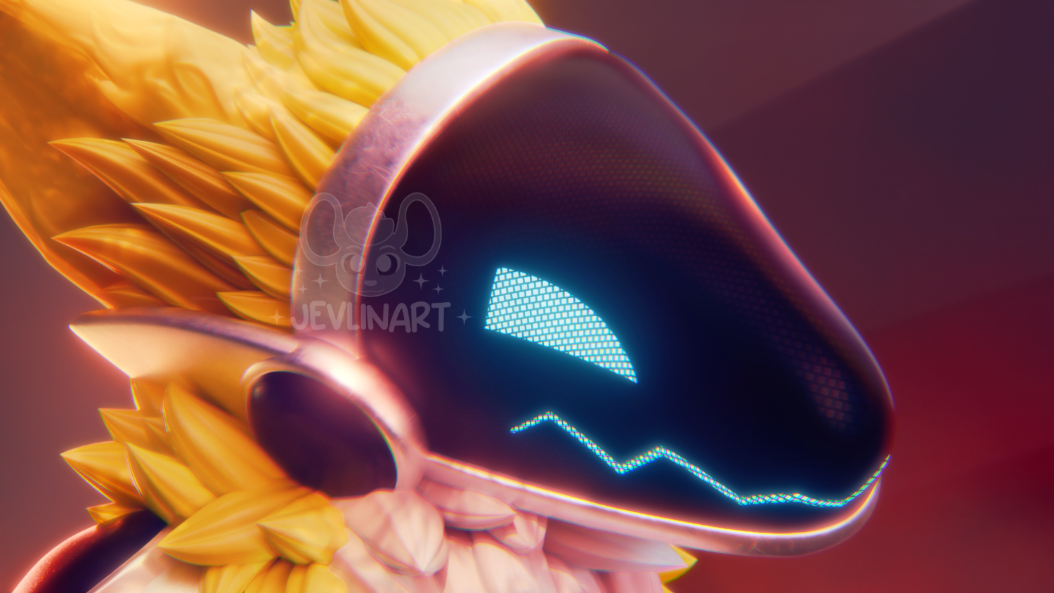 A 3d headshot illustration of a protogen furry. It has a robotic head with a digital LED face, yellow fur with long ears, fluffy neck, shown in front of a dark, red background.
