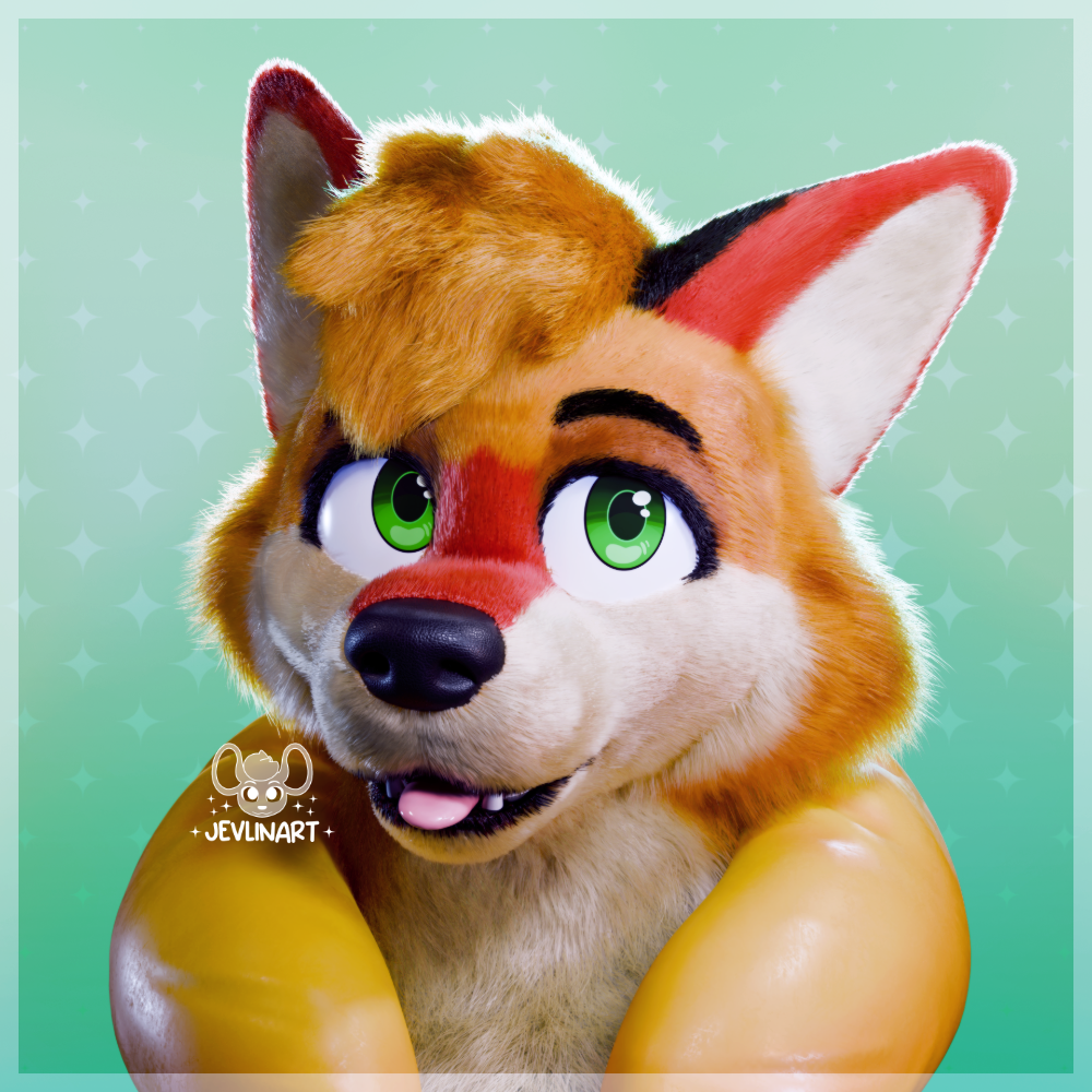 A colorful headshot of a 3d furry German Shepherd with vibrant green eyes and brown, white, and black fur, wearing a yellow life jacket, set against a light green background with white sparkles.