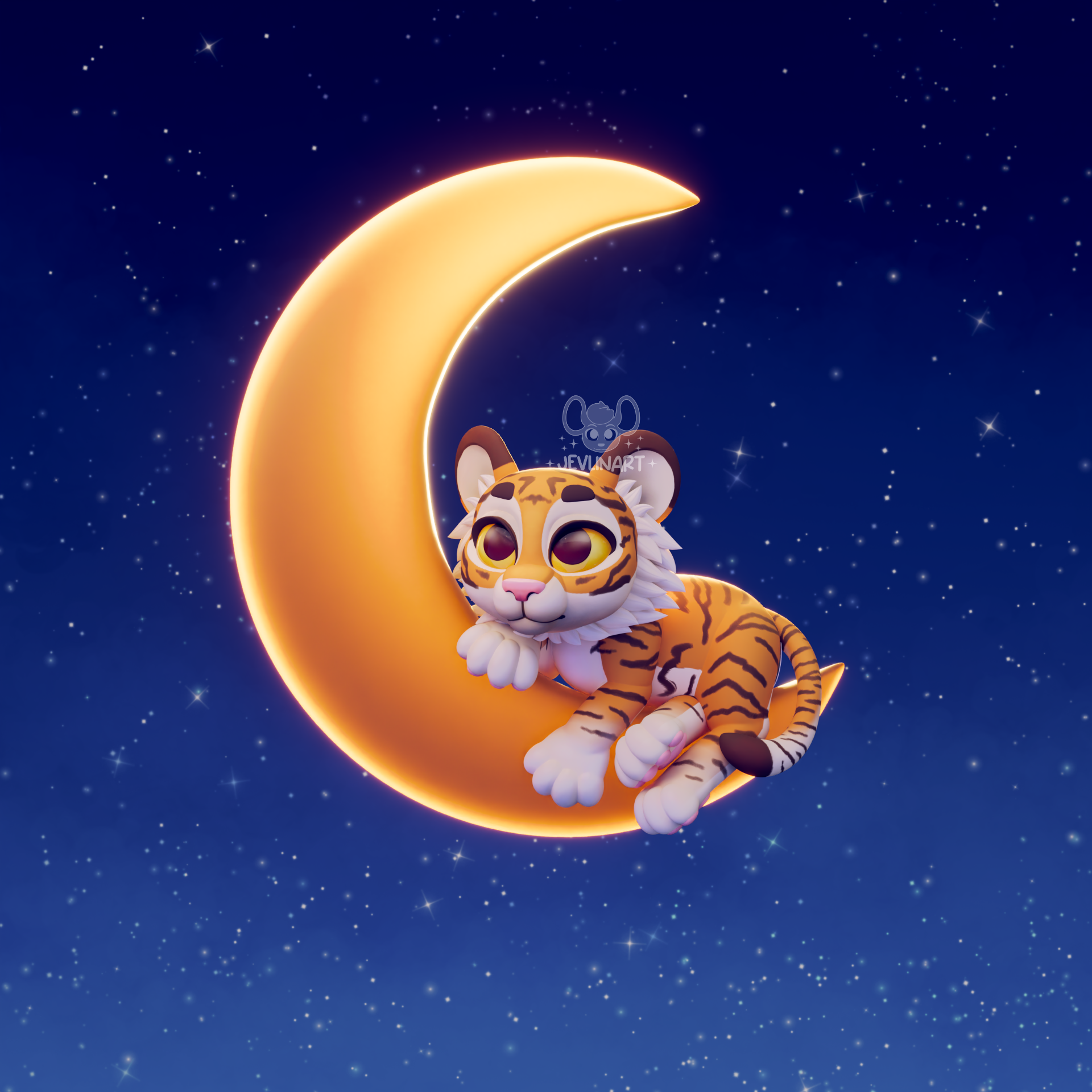 Cartoon tiger cub lying on a glowing crescent moon in a starry night sky.
