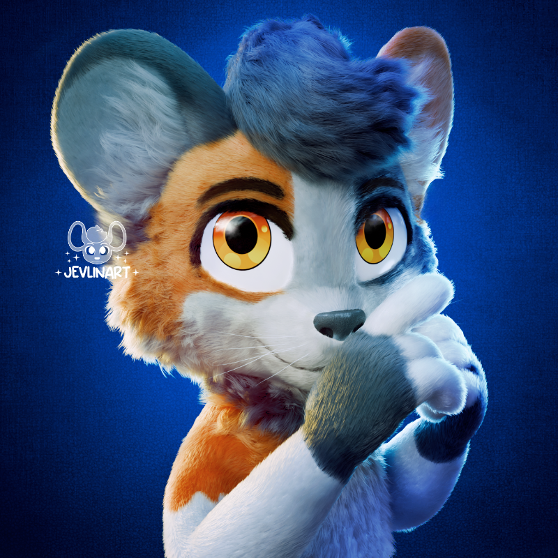 Anthropomorphic mouse furry character with large yellow eyes, a mix of orange, grey, and white calico-patterned fur, and a thoughtful expression, holding one paw near his face against a dark blue background.