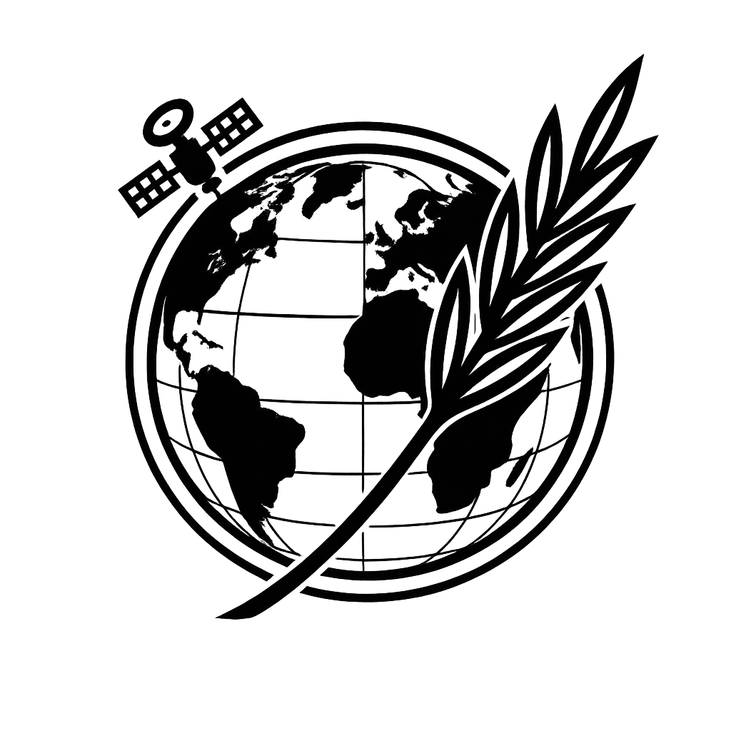 Outline drawing of the Earth with a wheat stalk crossing in front, a satellite orbiting above, and a circular border.