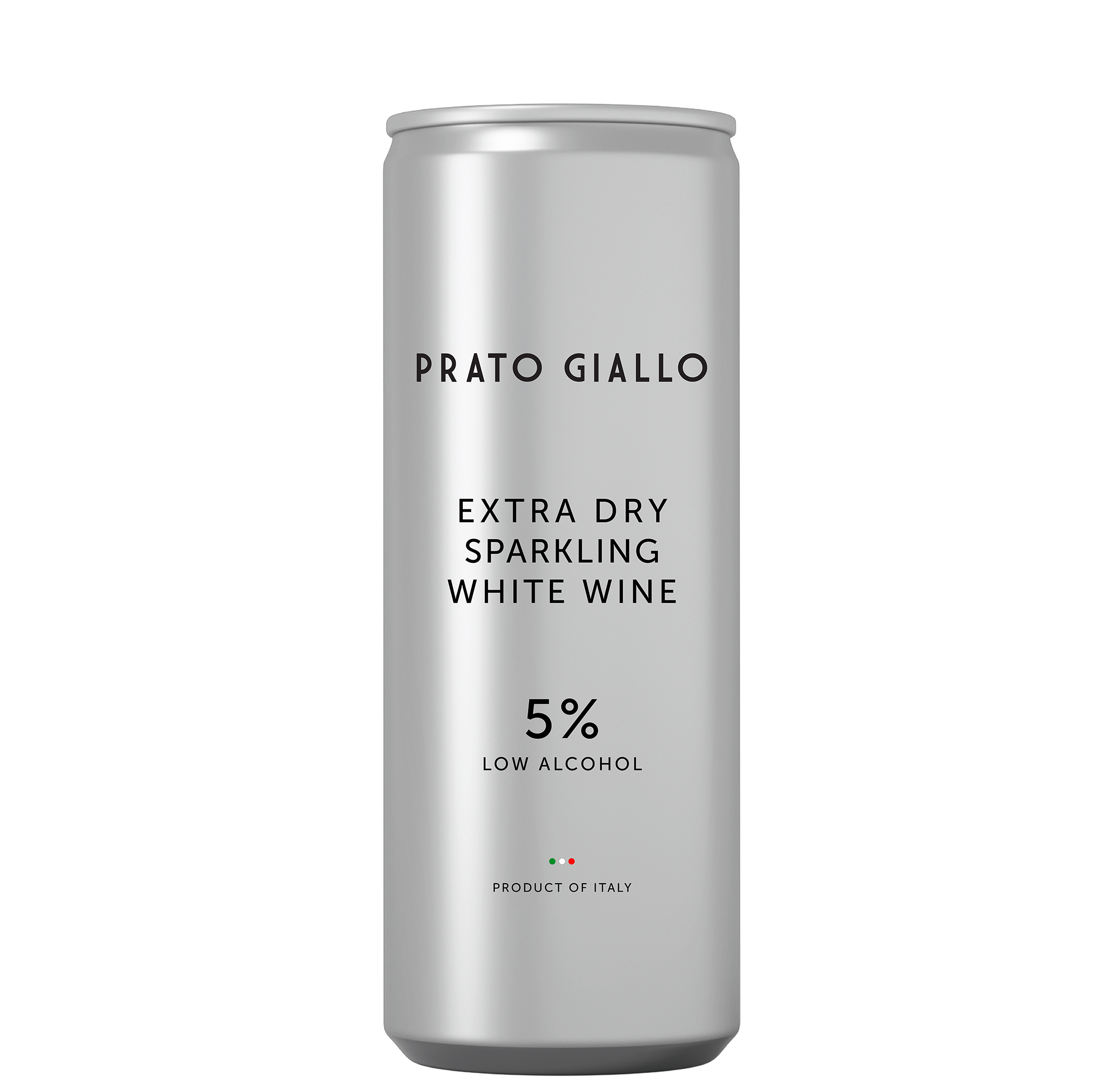 Silver can of Prato Giallo Extra Dry Sparkling White Wine with 5% alcohol content, low alcohol, produced in Italy.